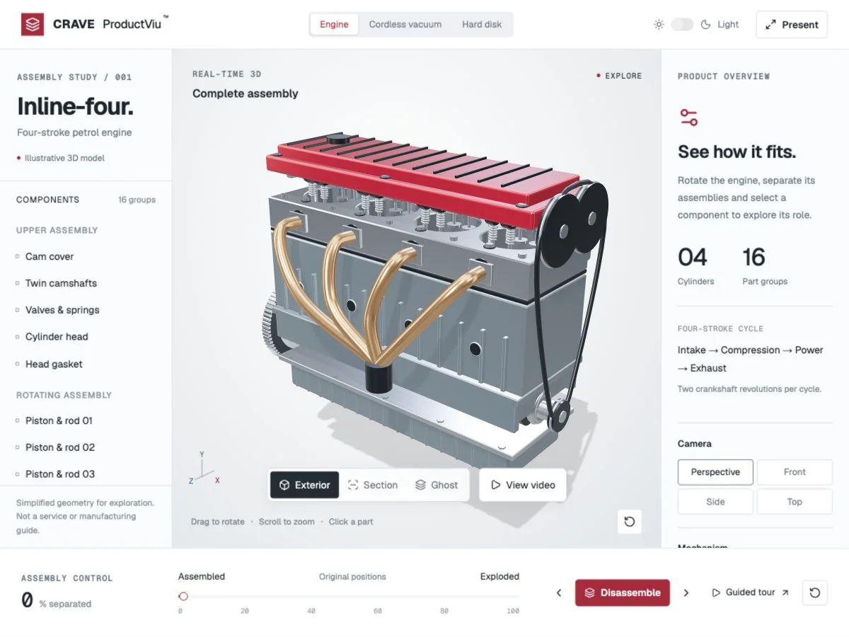 Assembled engine in the ProductVIU browser demo