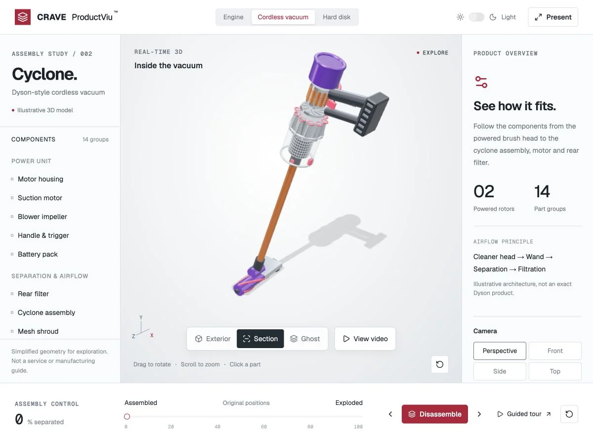 ProductVIU cordless vacuum illustrative model with internal structure visible